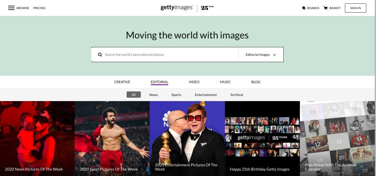 Screenshot of Getty Images website