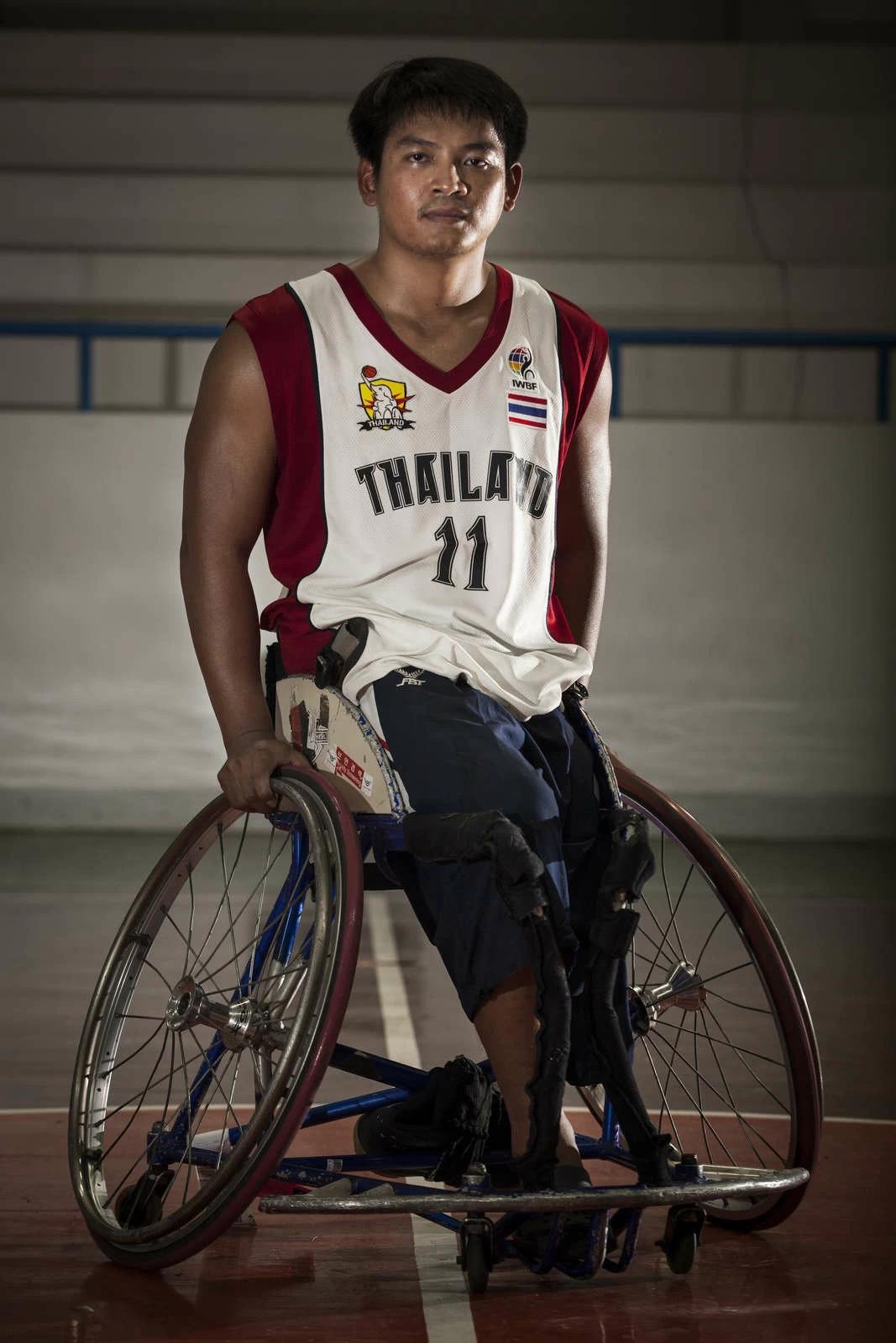 A member of Thailand’s national wheelchair basketball team is portrayed here at a government sports facility in Cholburi province about an hour and a half to the east of the Thai capital Bangkok. All the players recount tales of the terrible accidents that left them without a limb or paralyzed. Photo and story credits to Yvan Cohen.