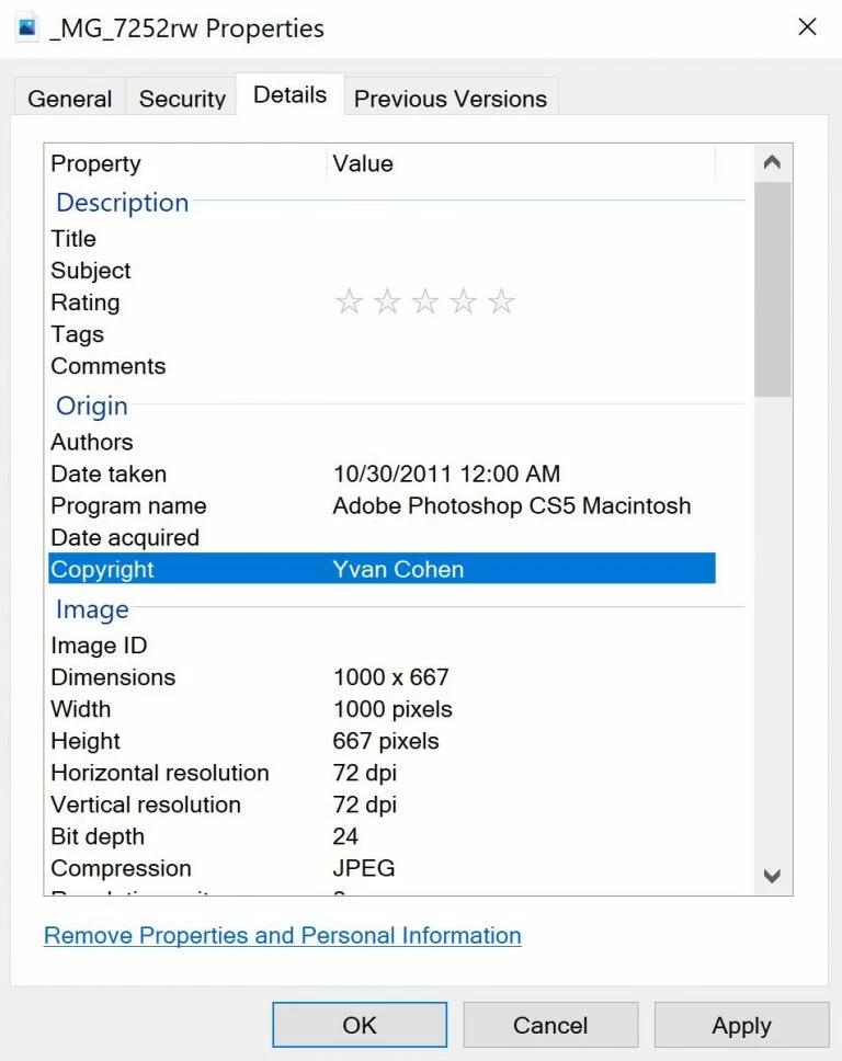 Right clicking and selecting ‘Properties’ on an image file will give you access to the metadata details of the image – where the copyright lies.