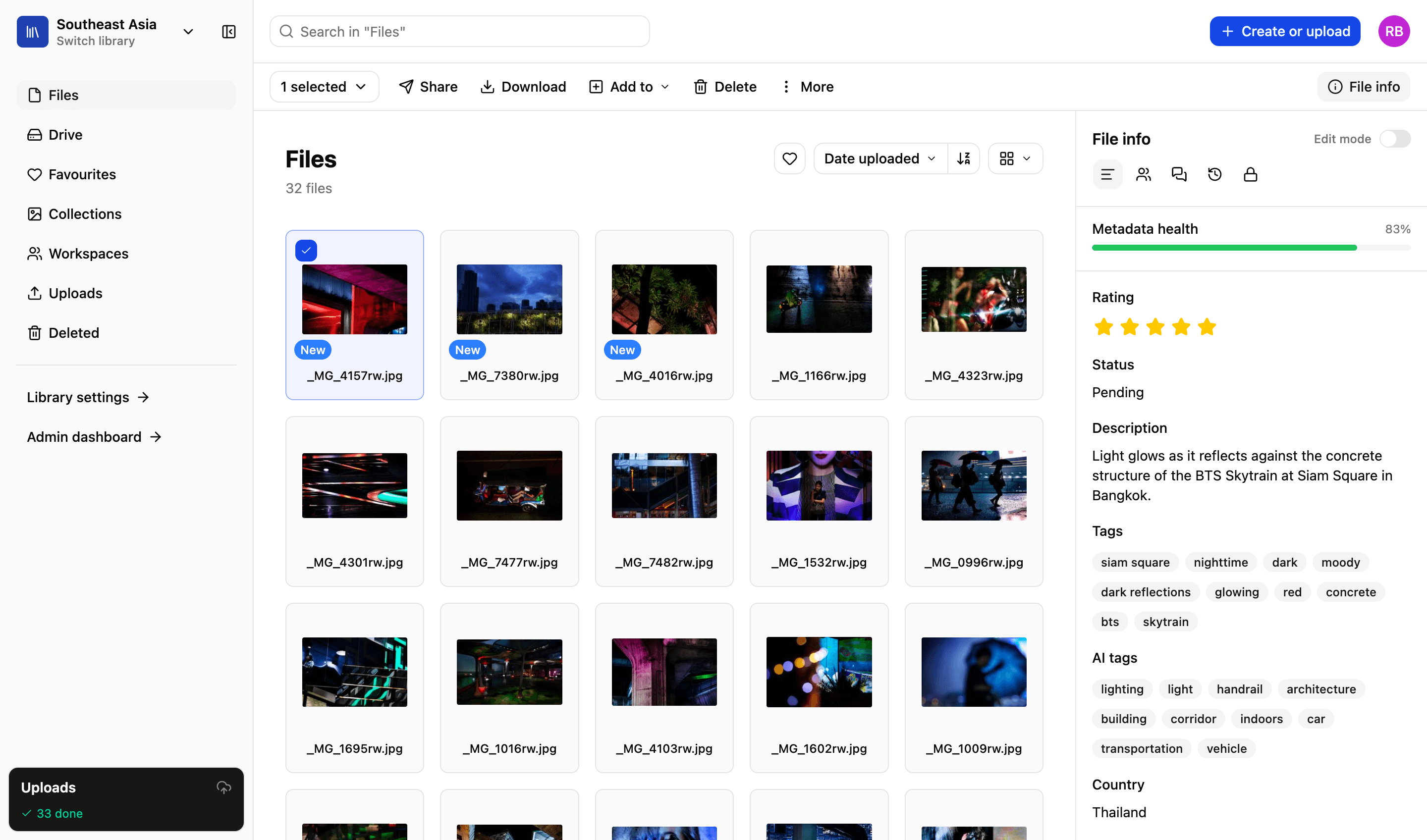The LightRocket library: a grid of files beside a panel showing the selected file’s metadata health, rating, status, description, tags and AI tags