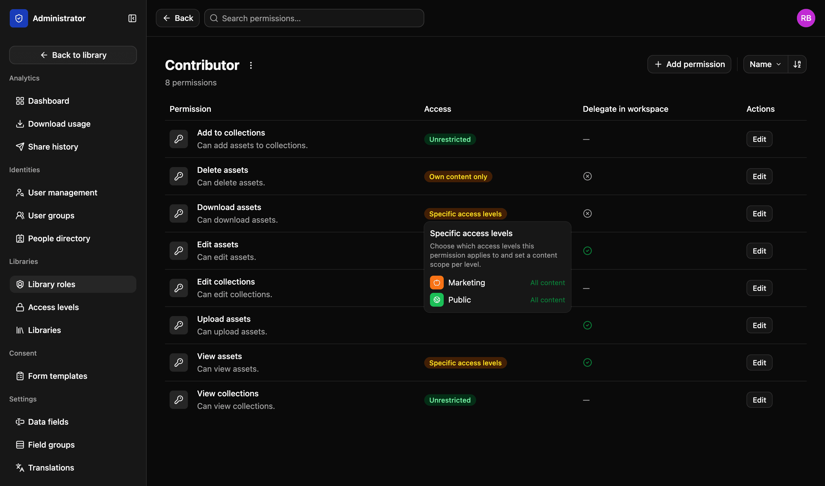 A library role in LightRocket: the Contributor role and its eight permissions — adding to, editing and viewing collections, and deleting, downloading, editing, uploading and viewing assets — each marked unrestricted, limited to specific access levels, or limited to the holder’s own content, and each either delegable in a workspace or not