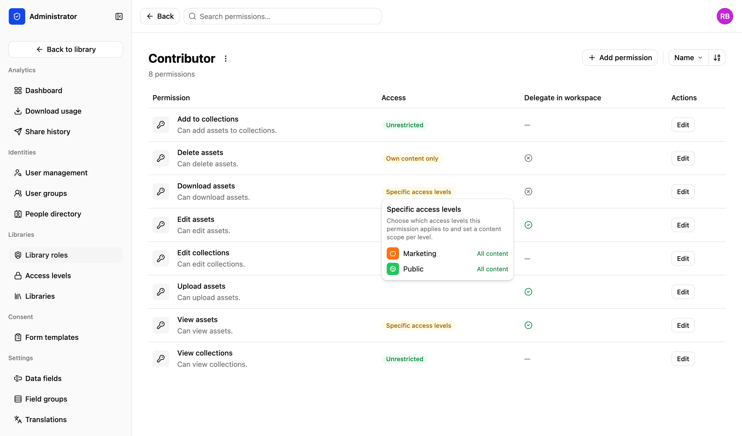 A library role in LightRocket: the Contributor role and its eight permissions — adding to, editing and viewing collections, and deleting, downloading, editing, uploading and viewing assets — each marked unrestricted, limited to specific access levels, or limited to the holder’s own content, and each either delegable in a workspace or not
