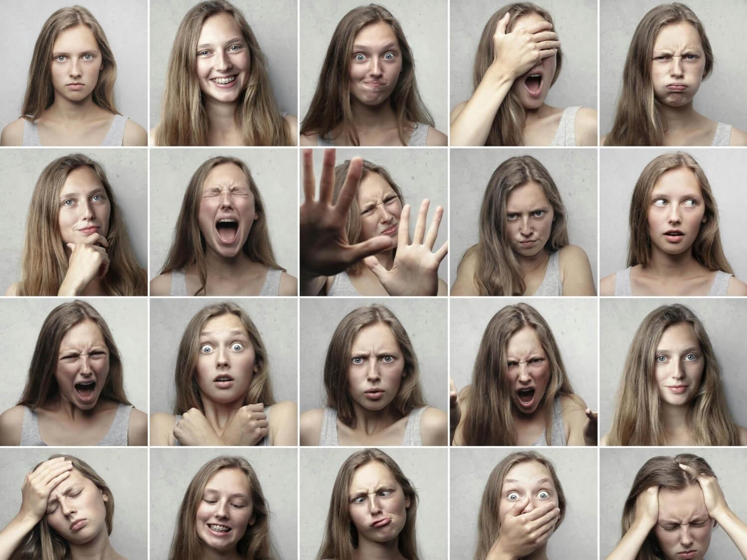 Collage of a women with different facial expressions.