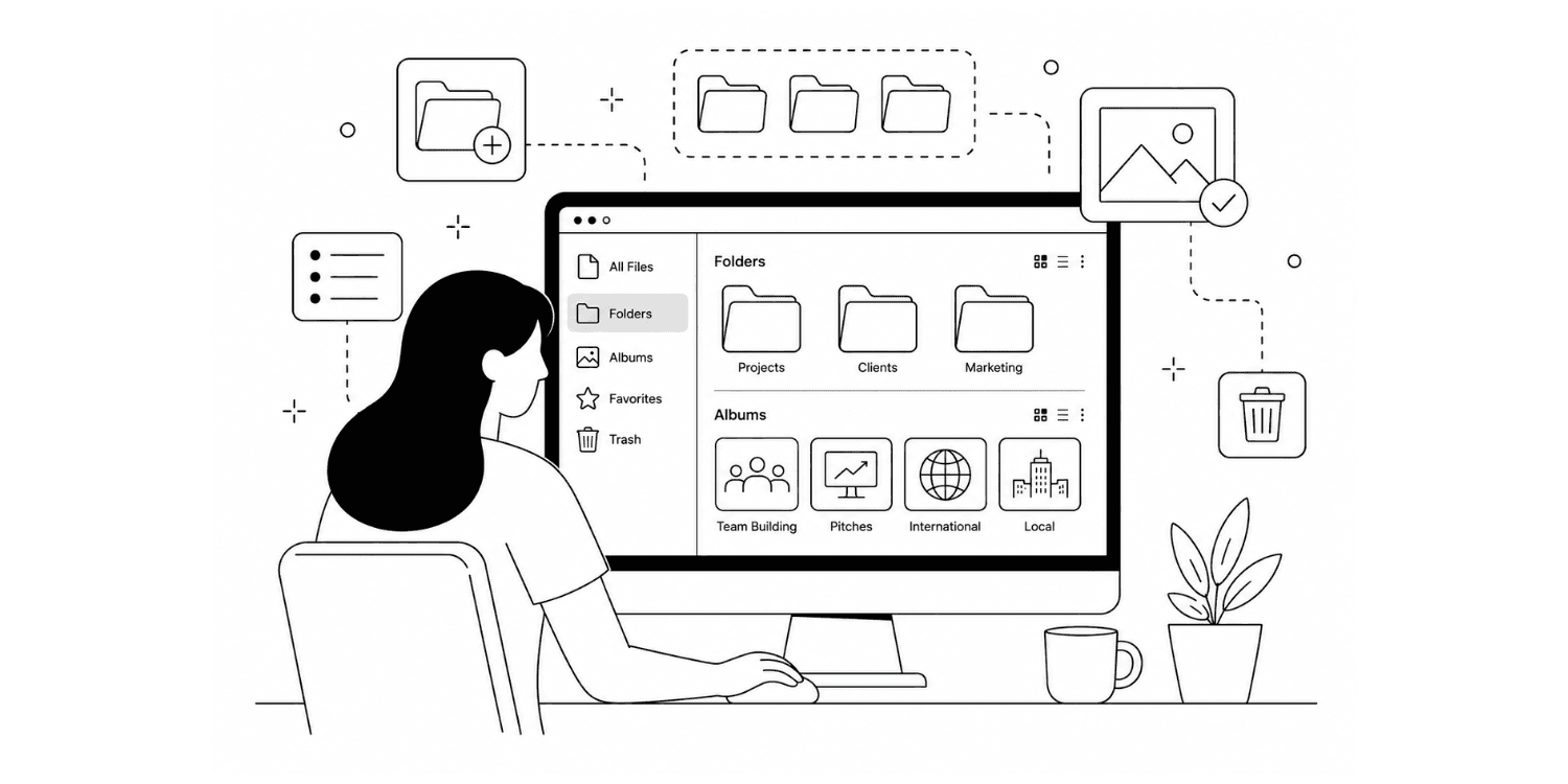 Illustration of a person organising digital files into folders and albums within a DAM system, showing the limitations of folder-based archive management.