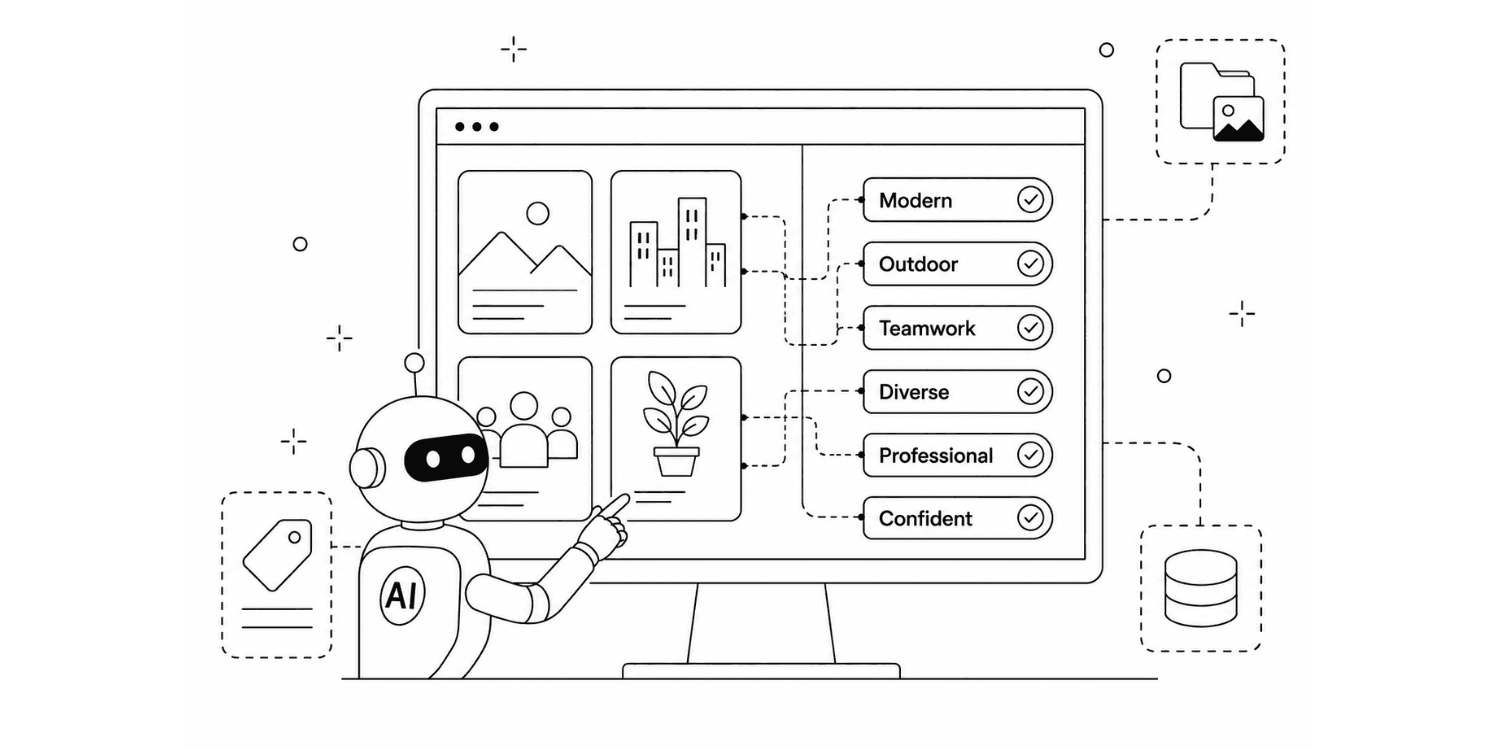 Illustration of an AI robot automatically generating keyword tags for digital assets in a DAM system, including terms like Modern, Outdoor, Teamwork and Professional.