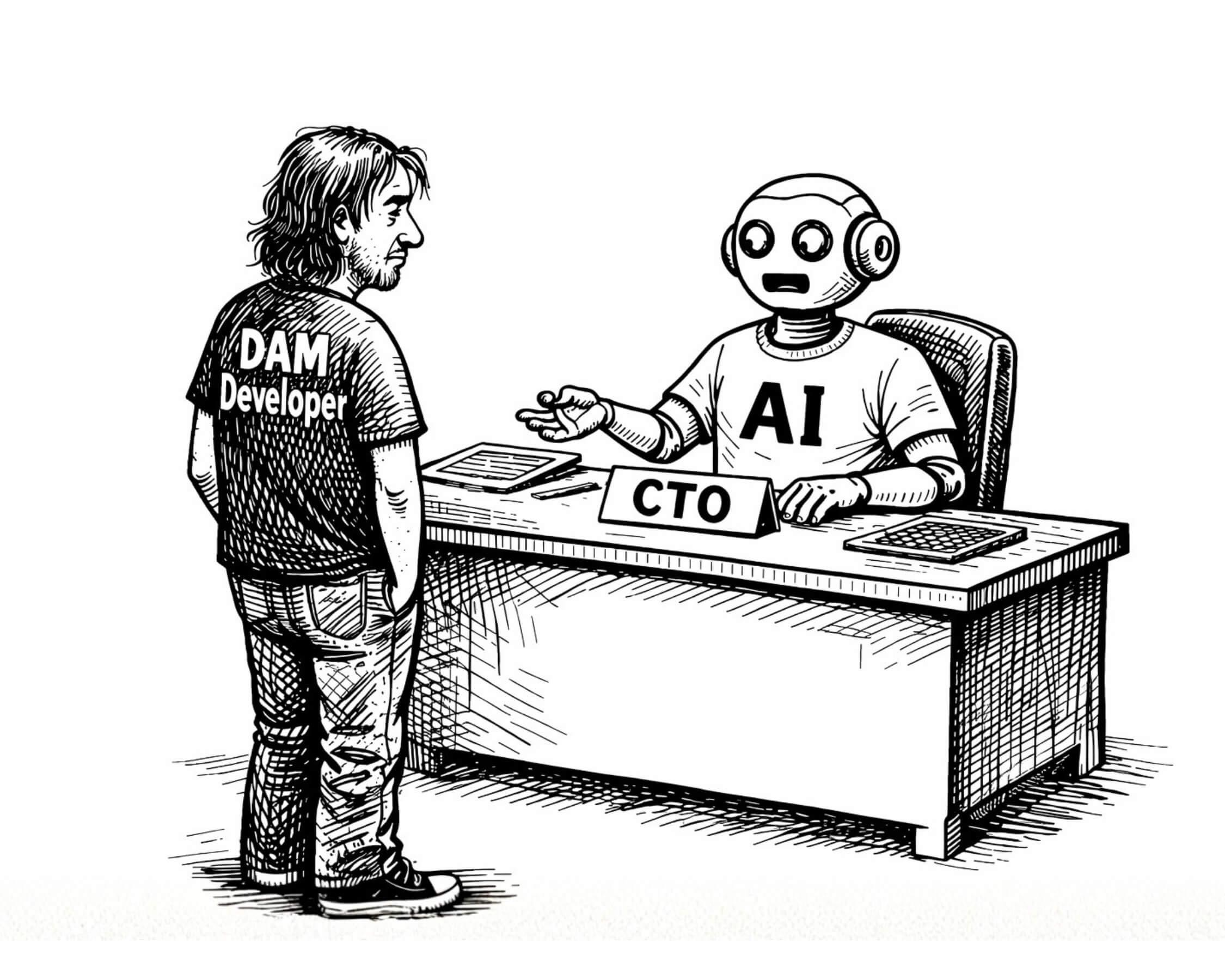 Black-and-white drawing of a robot labelled "AI" sitting behind a desk marked "CTO," facing a human wearing a "DAM Developer" shirt.