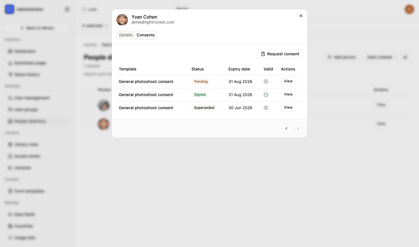 A person’s consents in LightRocket: three records against one template, marked pending, signed and superseded, each with its expiry date and whether it is currently valid
