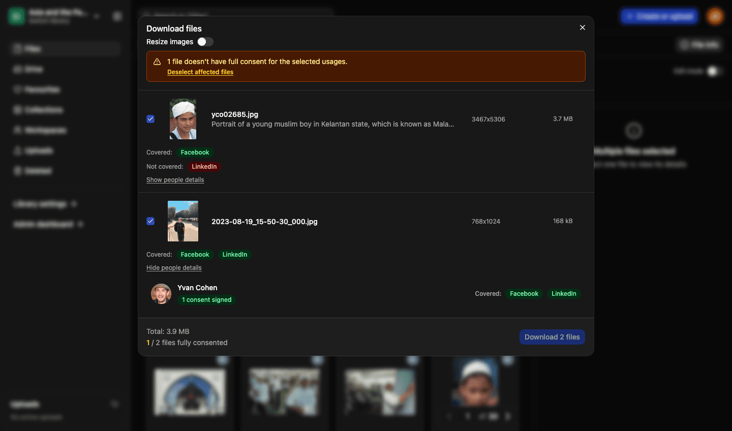 Downloading from LightRocket: two selected files checked against the chosen usages, one covered for Facebook but not LinkedIn, with a running count of how many are fully consented