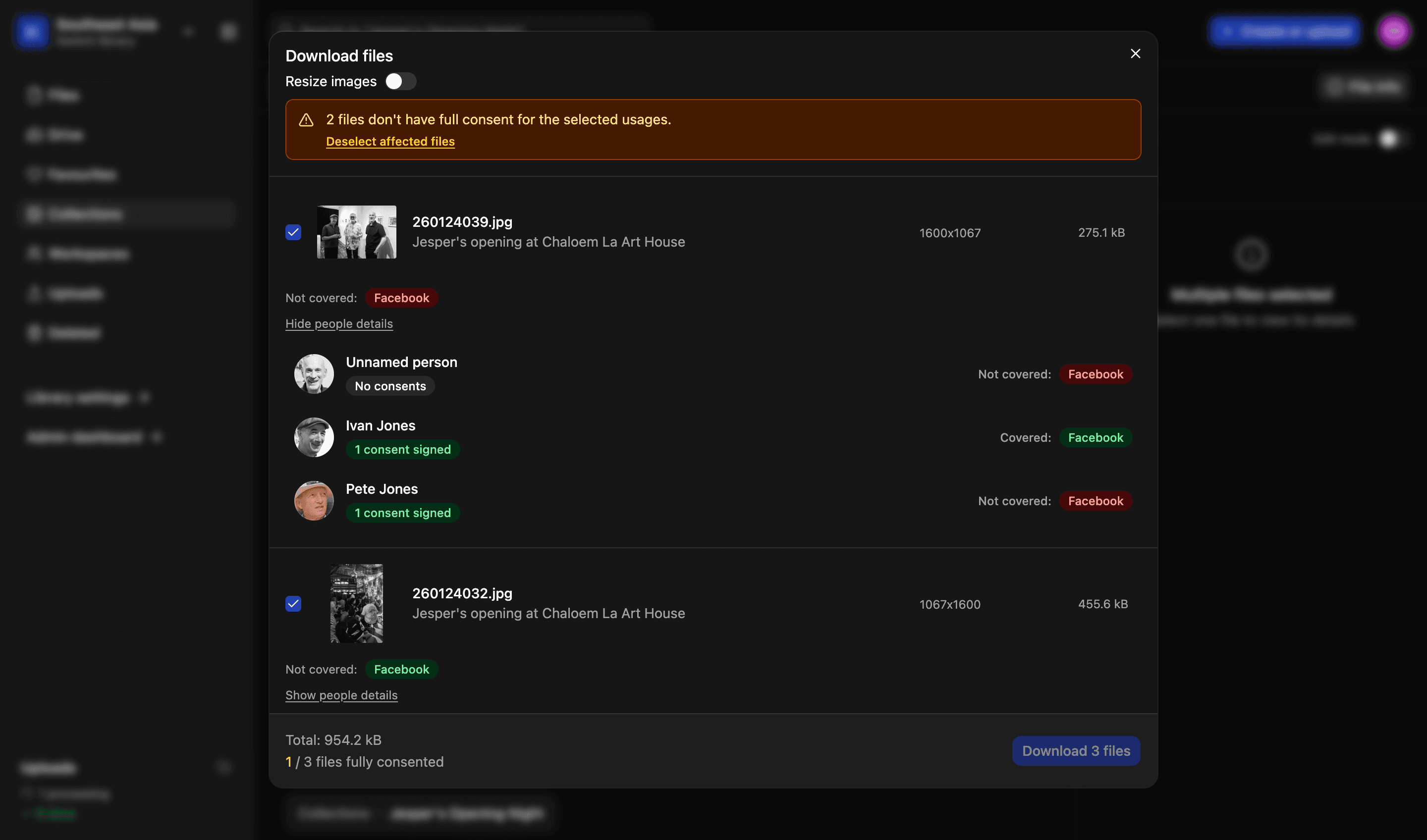 Downloading from LightRocket: two selected files checked against the chosen usages, each person in a shot marked covered or not covered for Facebook, and a running count of how many are fully consented