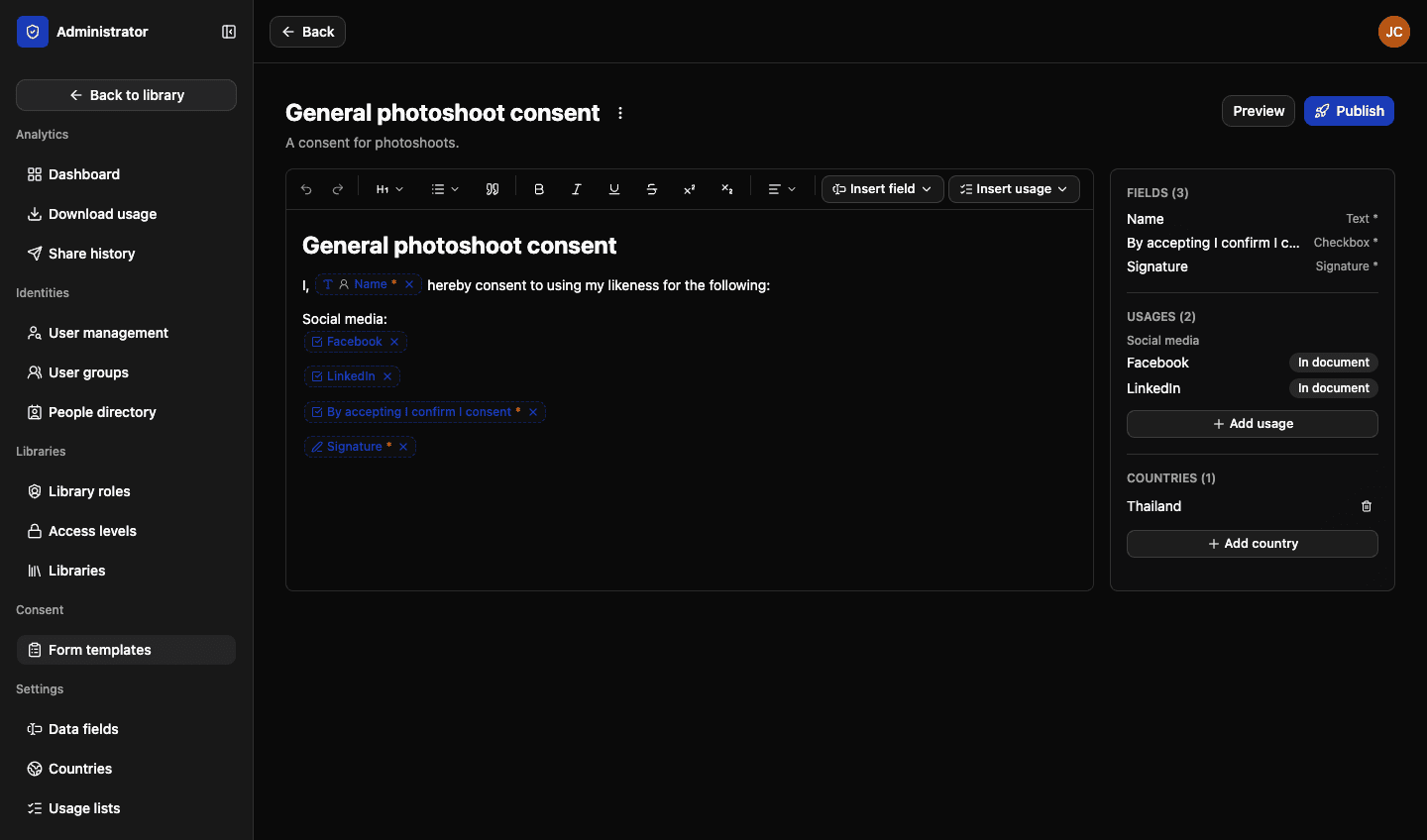 The consent form builder in LightRocket: a template with name, checkbox and signature fields and two social media usages inserted into the wording, beside a panel listing its fields, usages and countries