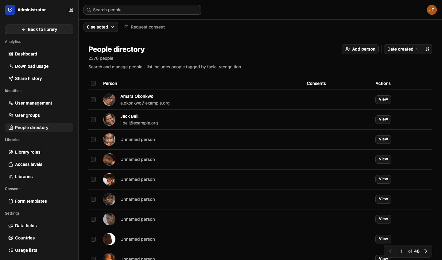 The people directory in LightRocket: a searchable list of everyone appearing in the library, including people added automatically by facial recognition