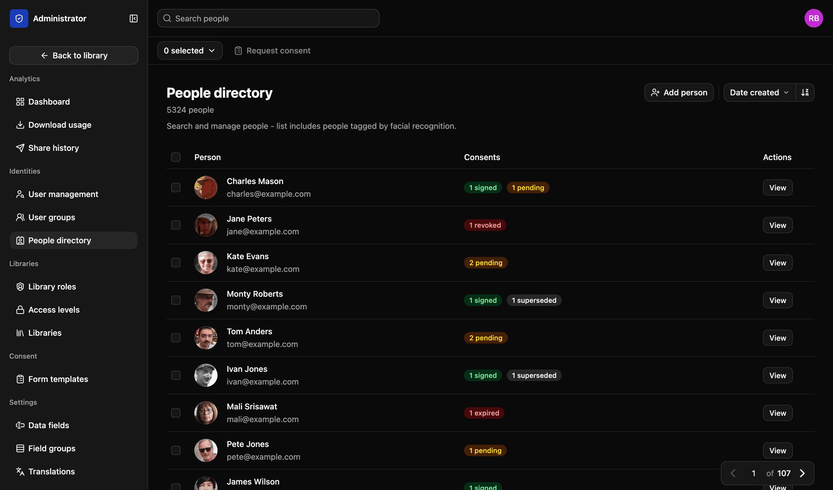 The people directory in LightRocket: a searchable list of everyone appearing in the library, including people added automatically by facial recognition