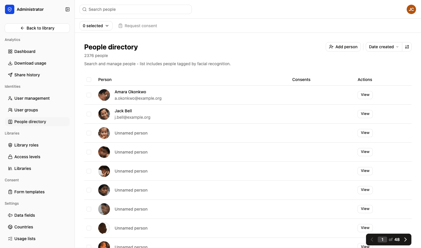 The people directory in LightRocket: a searchable list of everyone appearing in the library, including people added automatically by facial recognition