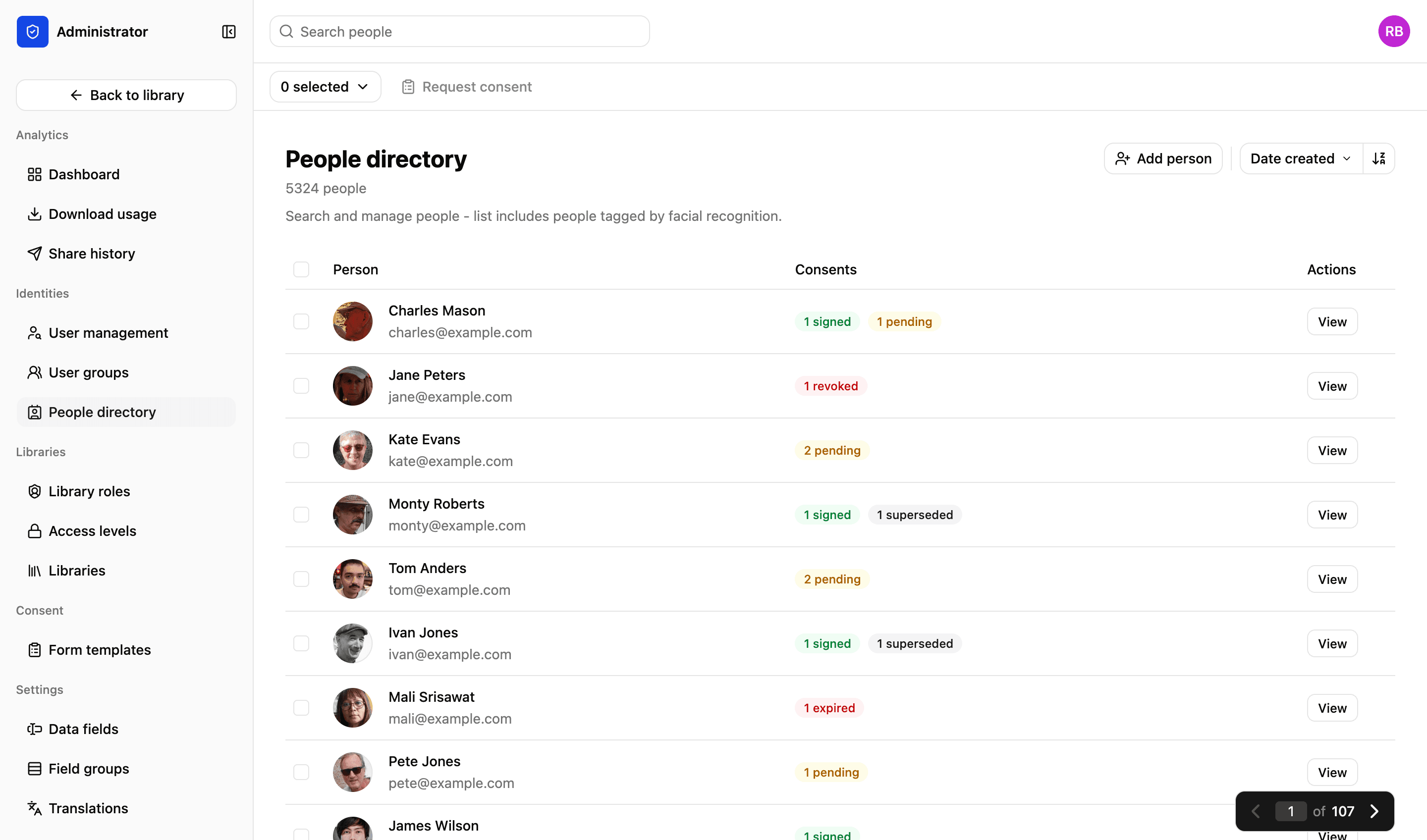 The people directory in LightRocket: a searchable list of everyone appearing in the library, including people added automatically by facial recognition