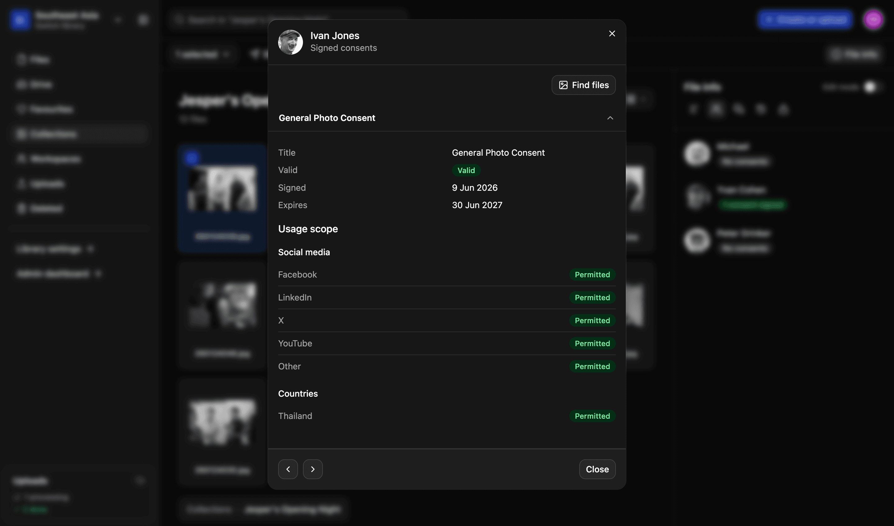 A signed consent in LightRocket: the form, its signed and expiry dates, and the usage scope showing which social media platforms and countries are permitted