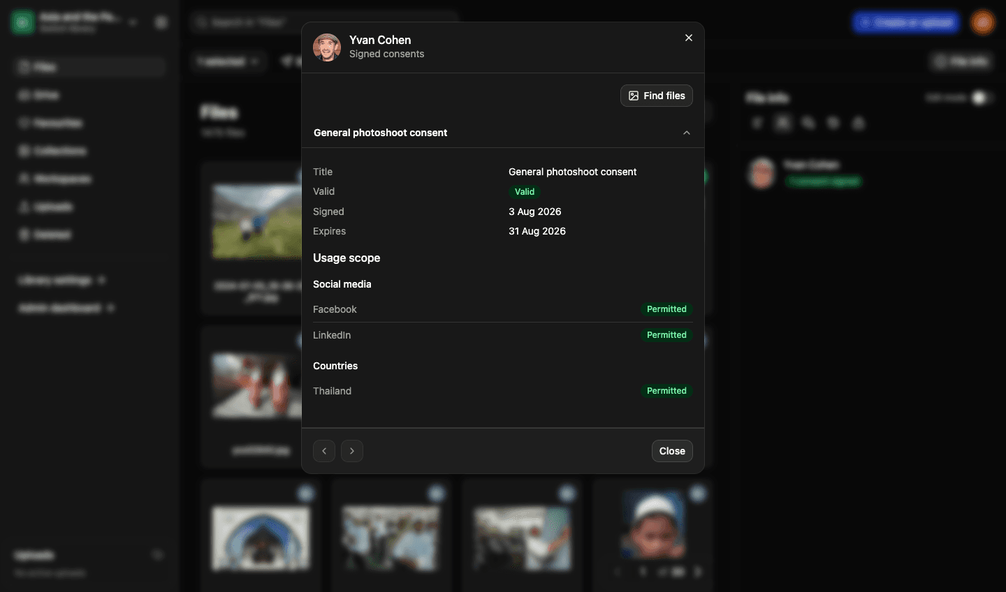 A signed consent in LightRocket: the form, its signed and expiry dates, and the usage scope showing which social media platforms and countries are permitted