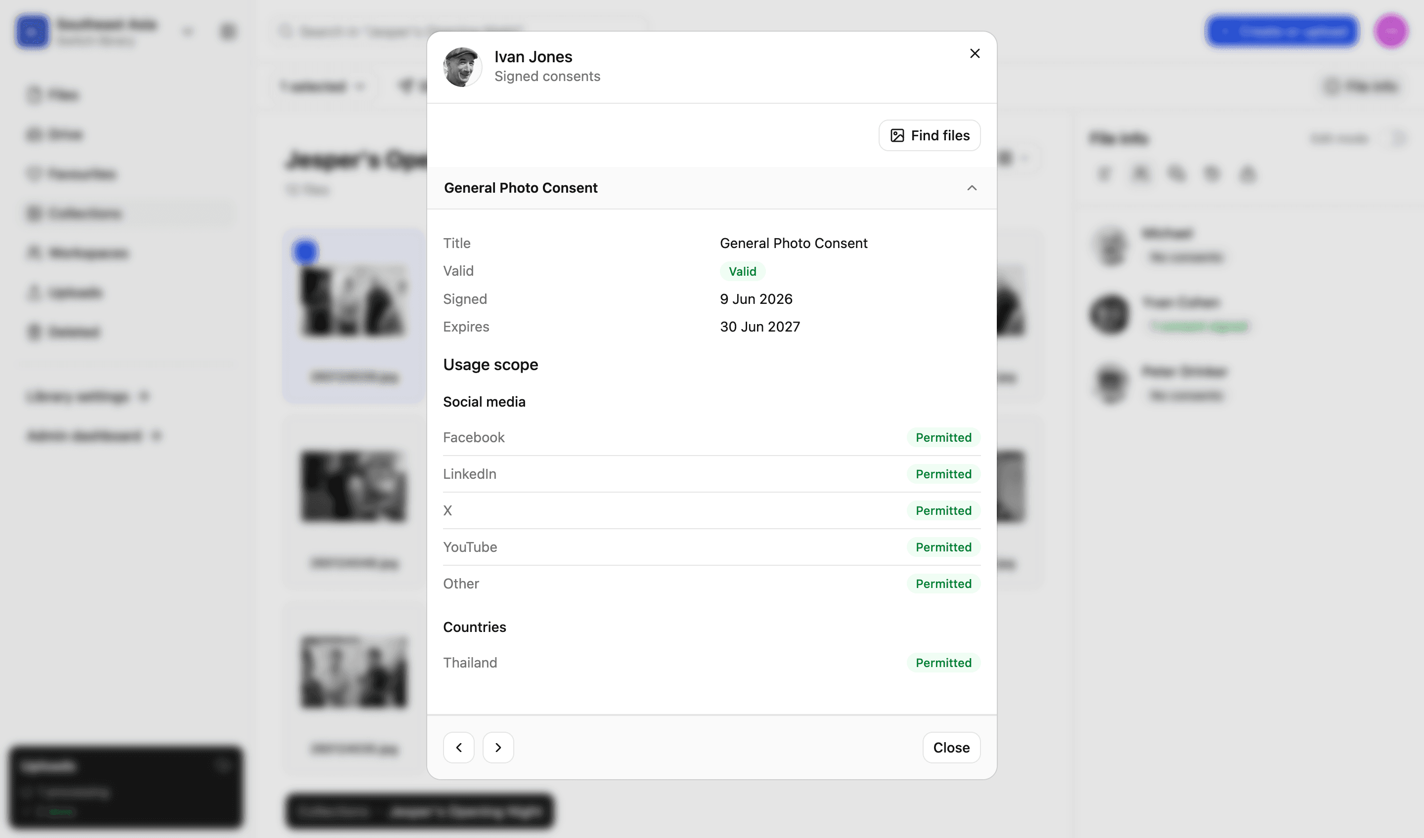 A signed consent in LightRocket: the form, its signed and expiry dates, and the usage scope showing which social media platforms and countries are permitted