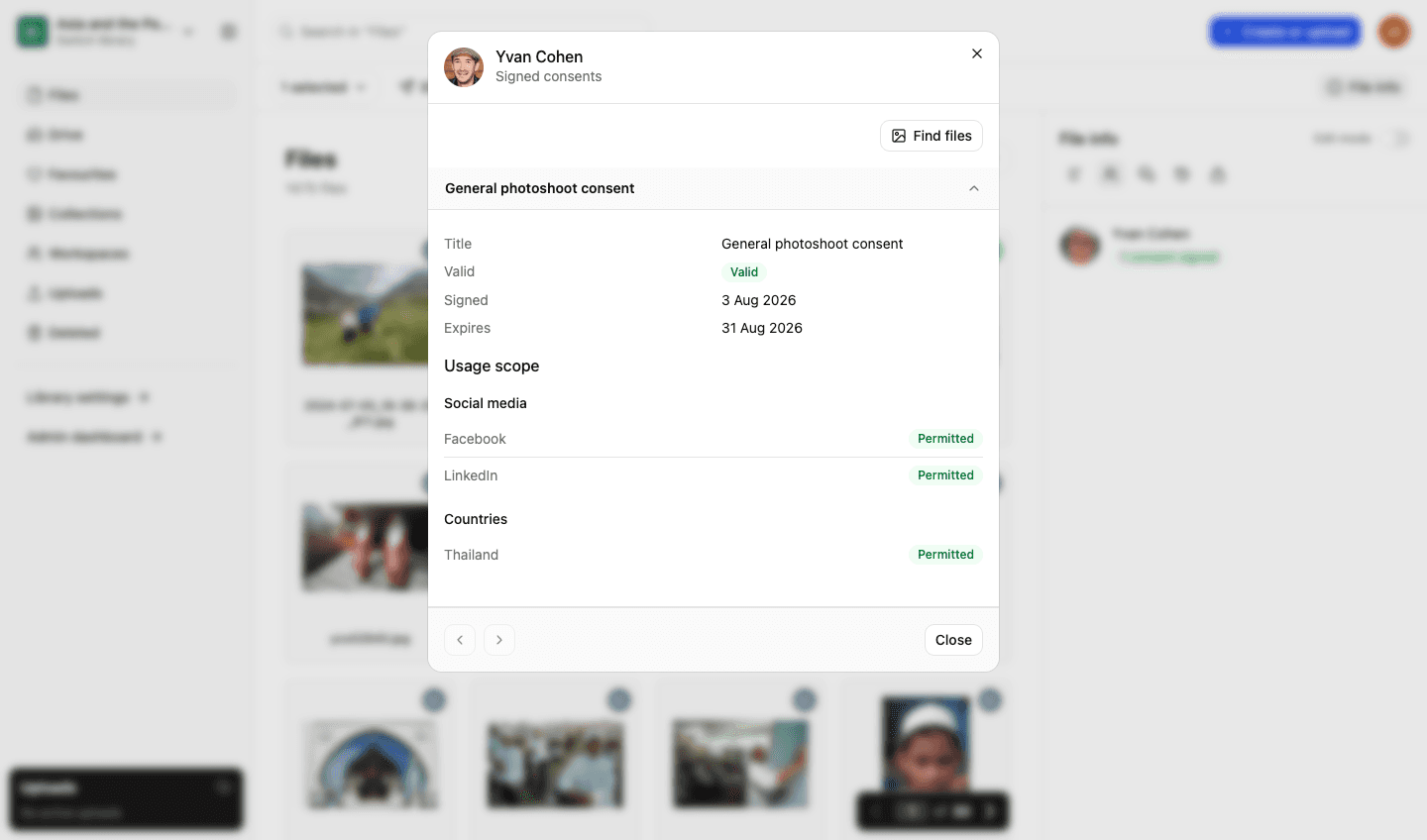 A signed consent in LightRocket: the form, its signed and expiry dates, and the usage scope showing which social media platforms and countries are permitted