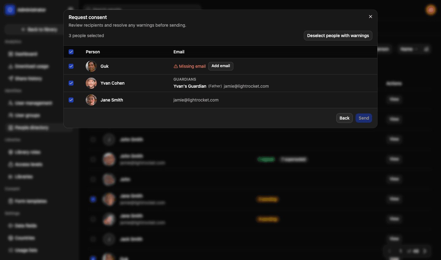 Requesting consent in LightRocket: a list of selected people with the address each request will go to, one flagged as missing an email and one routed to a guardian