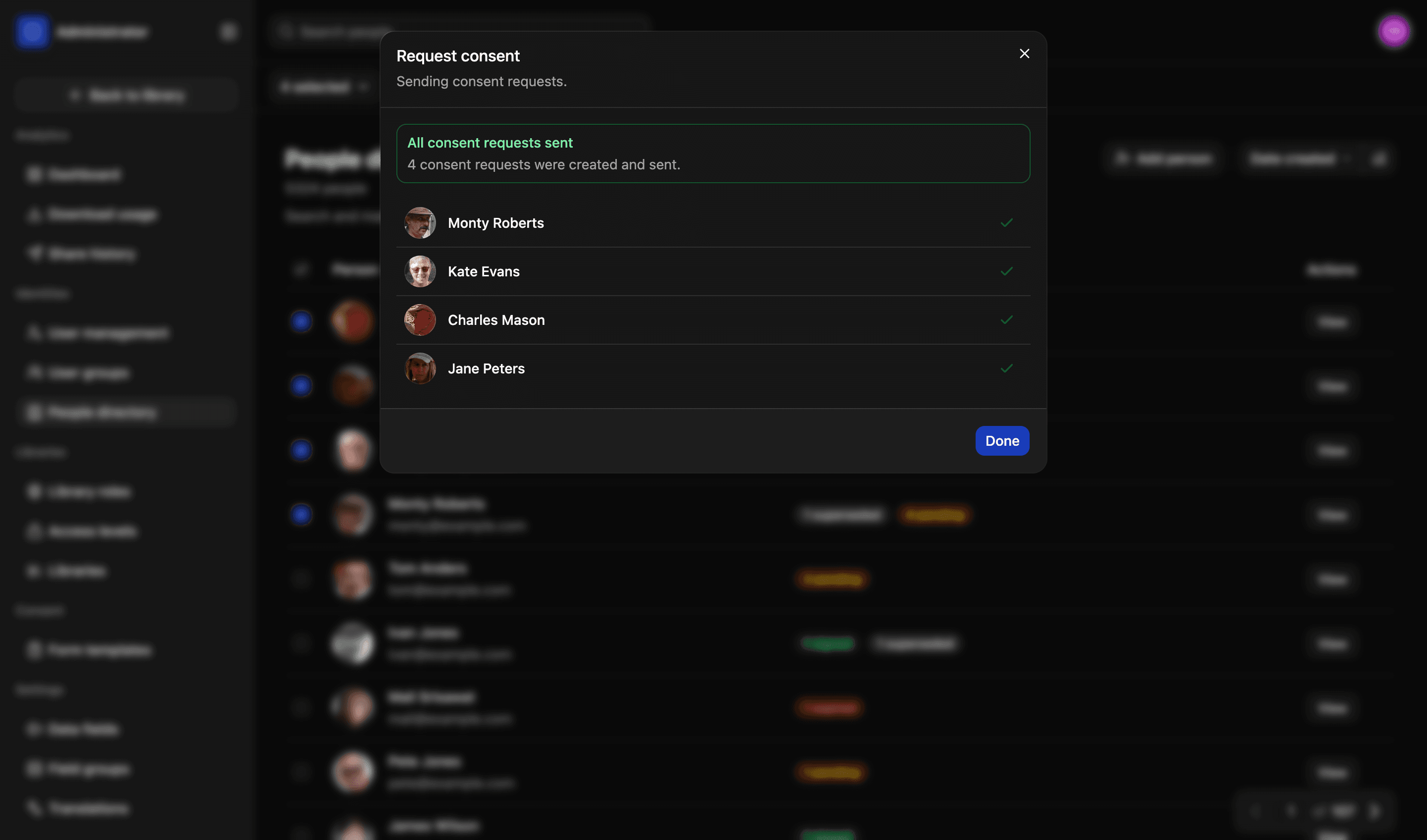 Requesting consent in LightRocket: four selected people, each ticked off as their request goes out, under a confirmation that all four requests were created and sent
