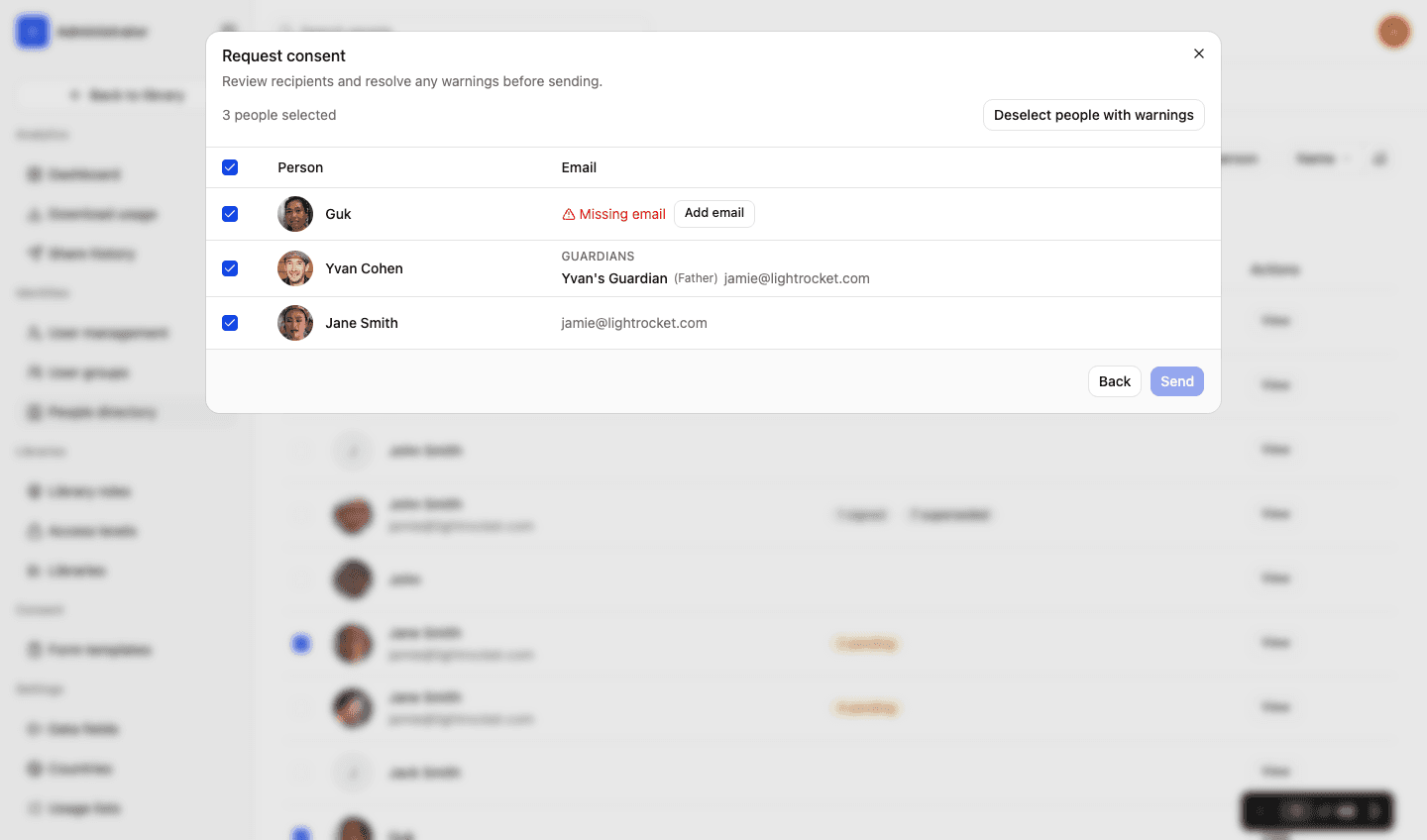Requesting consent in LightRocket: a list of selected people with the address each request will go to, one flagged as missing an email and one routed to a guardian