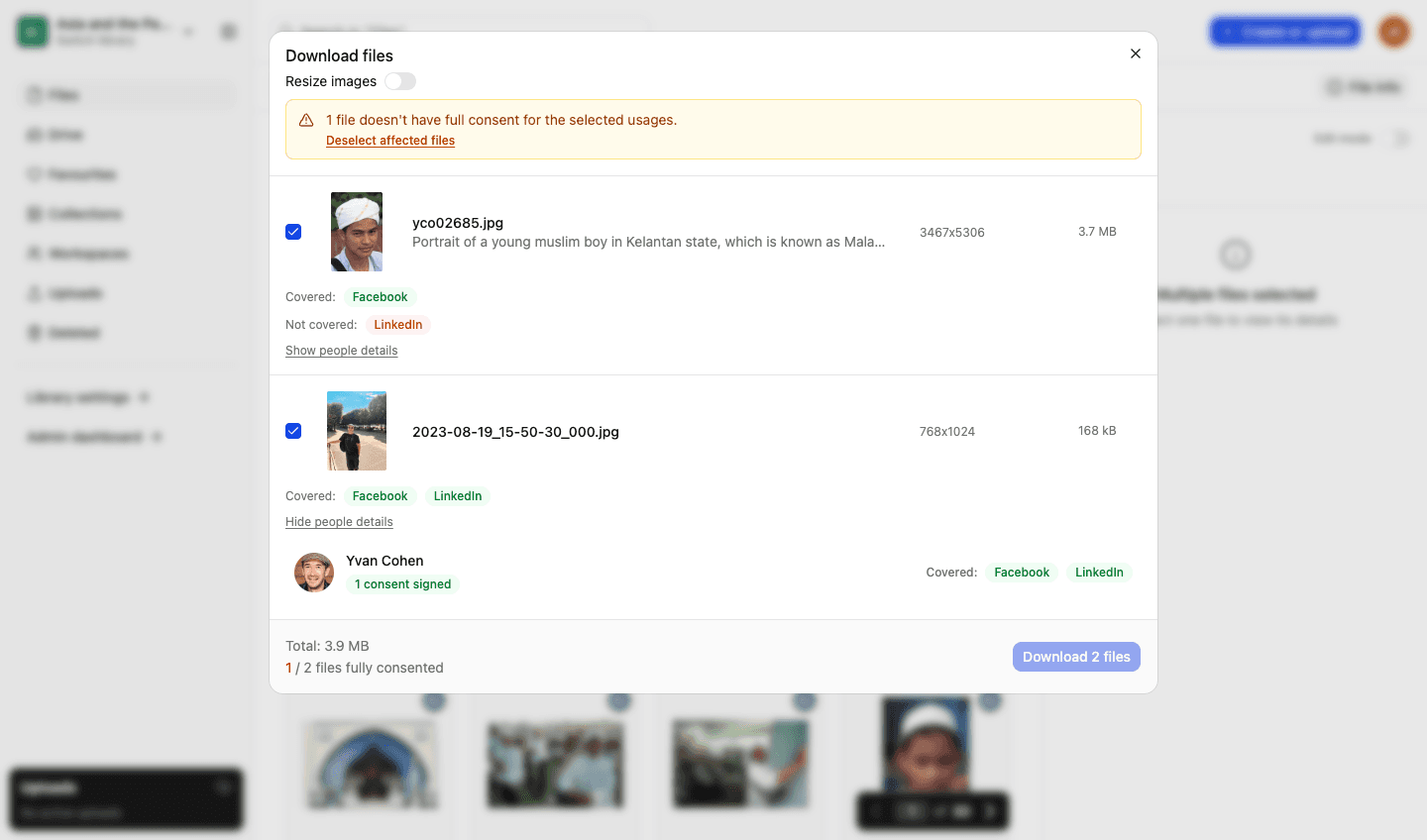 Downloading from LightRocket: two selected files checked against the chosen usages, one covered for Facebook but not LinkedIn, with a running count of how many are fully consented