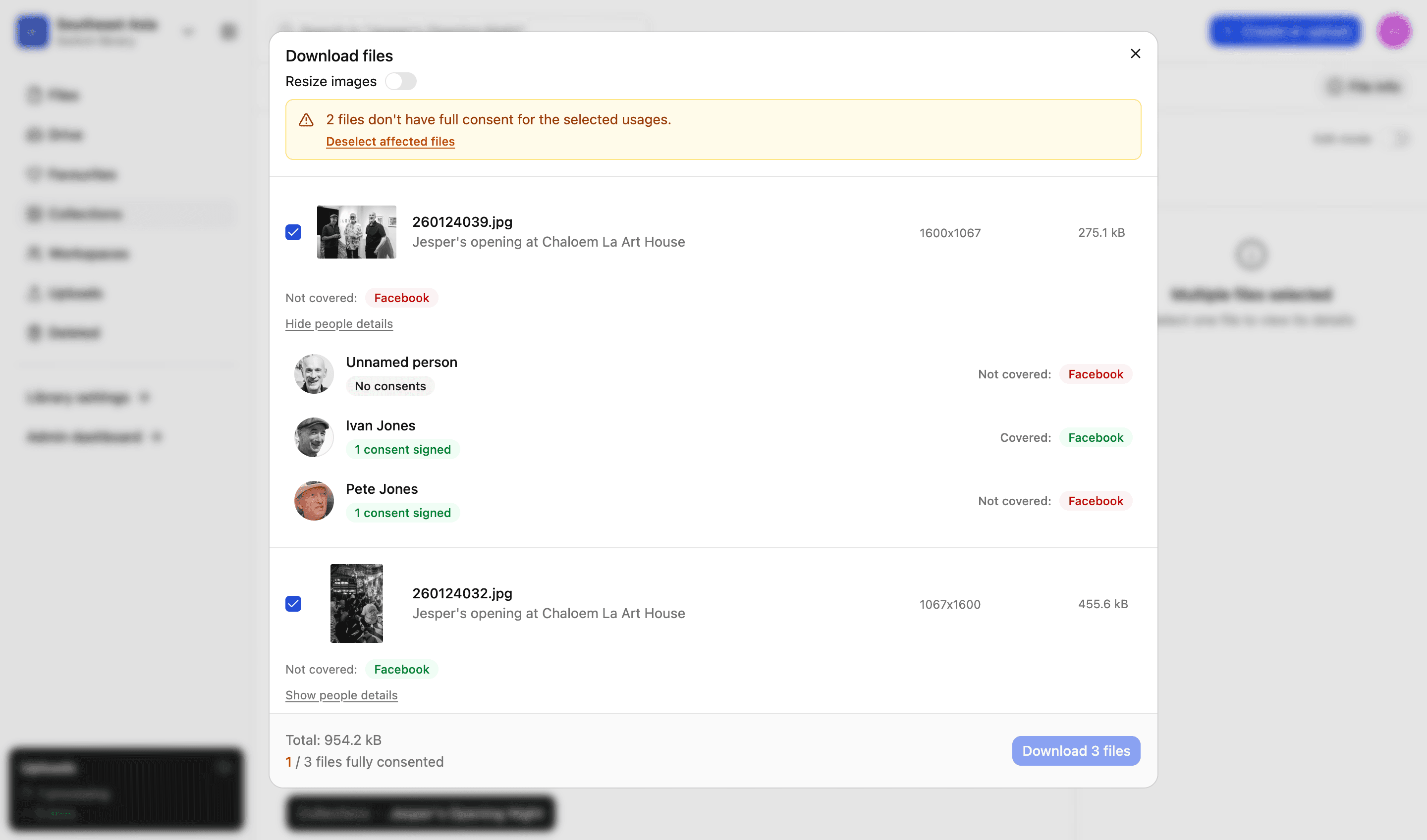 Downloading from LightRocket: two selected files checked against the chosen usages, each person in a shot marked covered or not covered for Facebook, and a running count of how many are fully consented