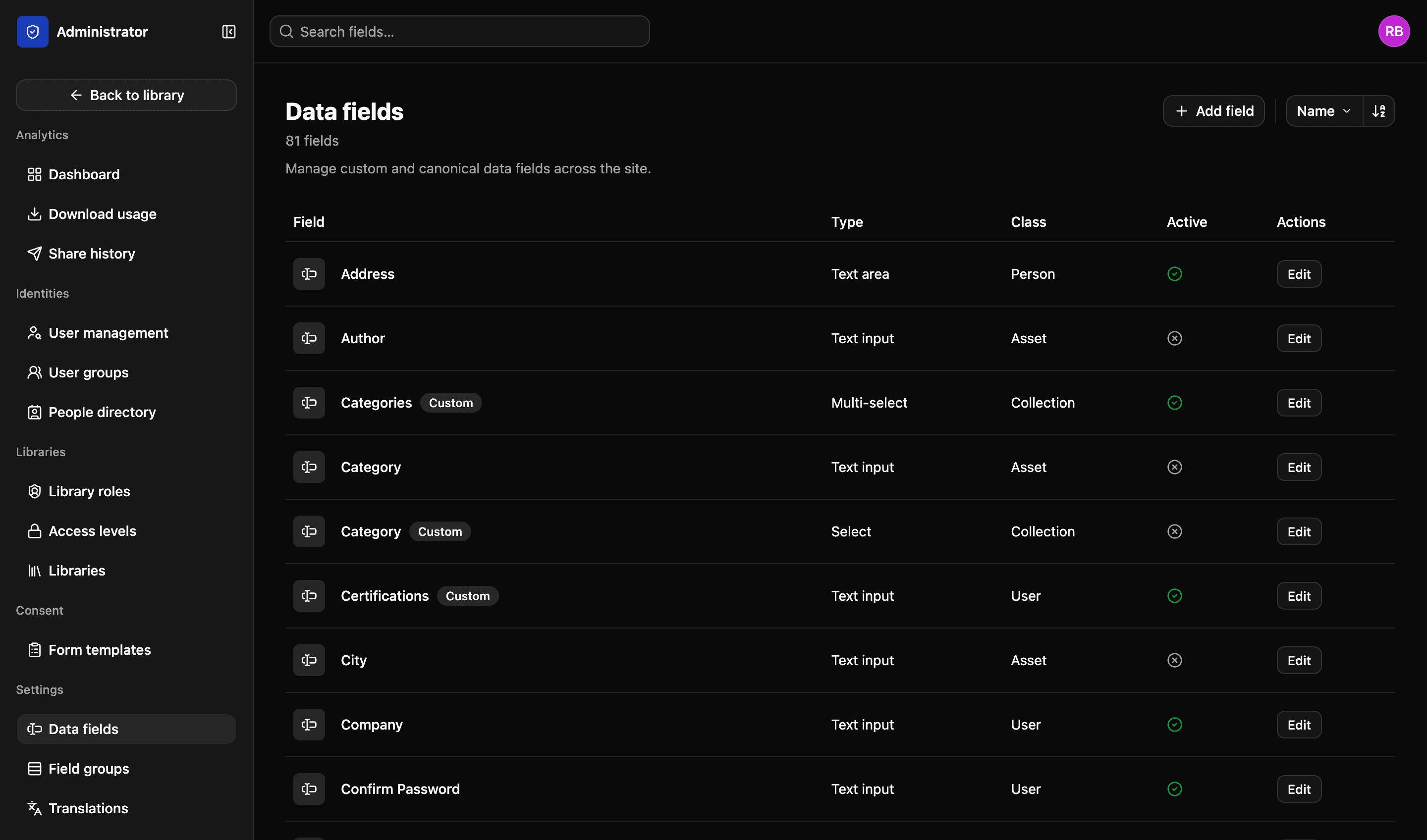 Data fields in the LightRocket admin: a list of fields with the type of input each takes, the kind of record it belongs to — asset, collection, person or user — and whether it is active, with custom fields marked as such