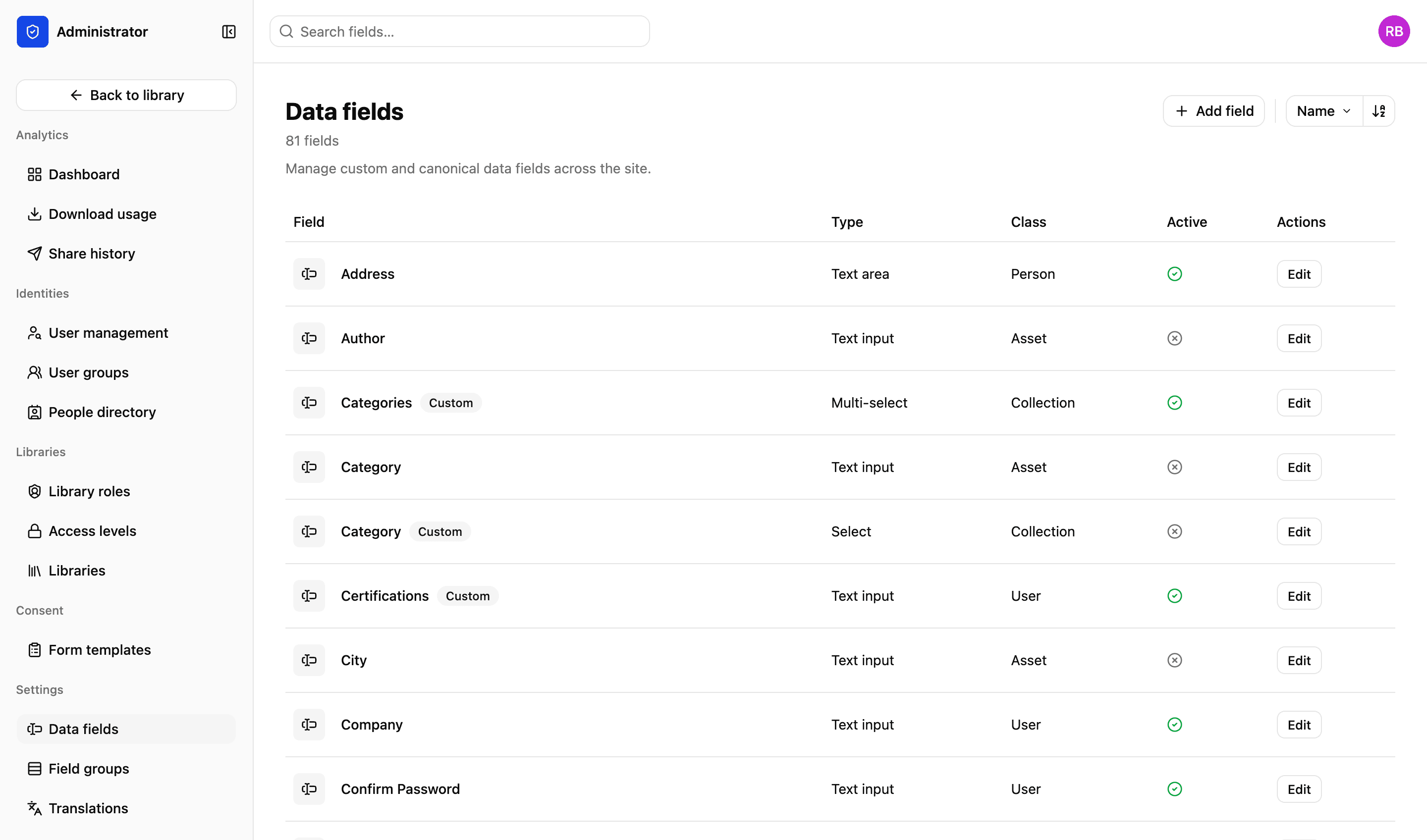 Data fields in the LightRocket admin: a list of fields with the type of input each takes, the kind of record it belongs to — asset, collection, person or user — and whether it is active, with custom fields marked as such