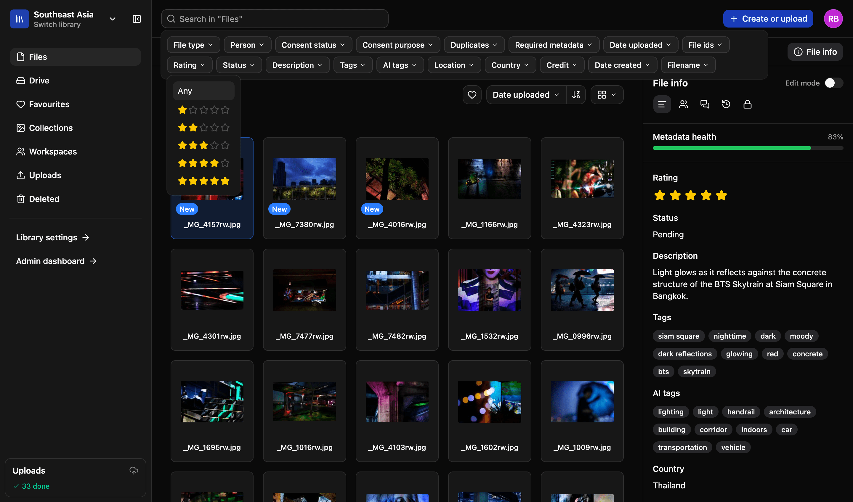 Filtering a library in LightRocket: filters for file type, person, consent status and purpose, duplicates, required metadata, dates, rating, status, description, tags, AI tags, location, country, credit and filename, with the rating filter open on a choice of one to five stars