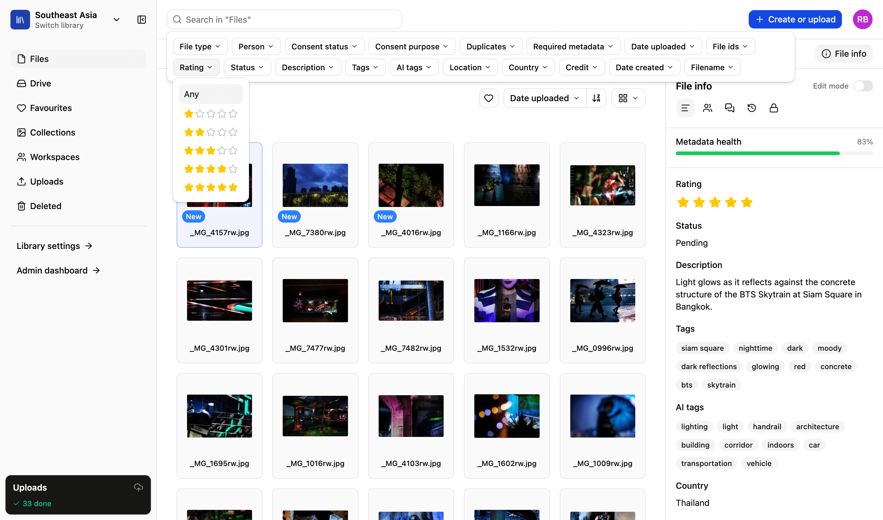 Filtering a library in LightRocket: filters for file type, person, consent status and purpose, duplicates, required metadata, dates, rating, status, description, tags, AI tags, location, country, credit and filename, with the rating filter open on a choice of one to five stars