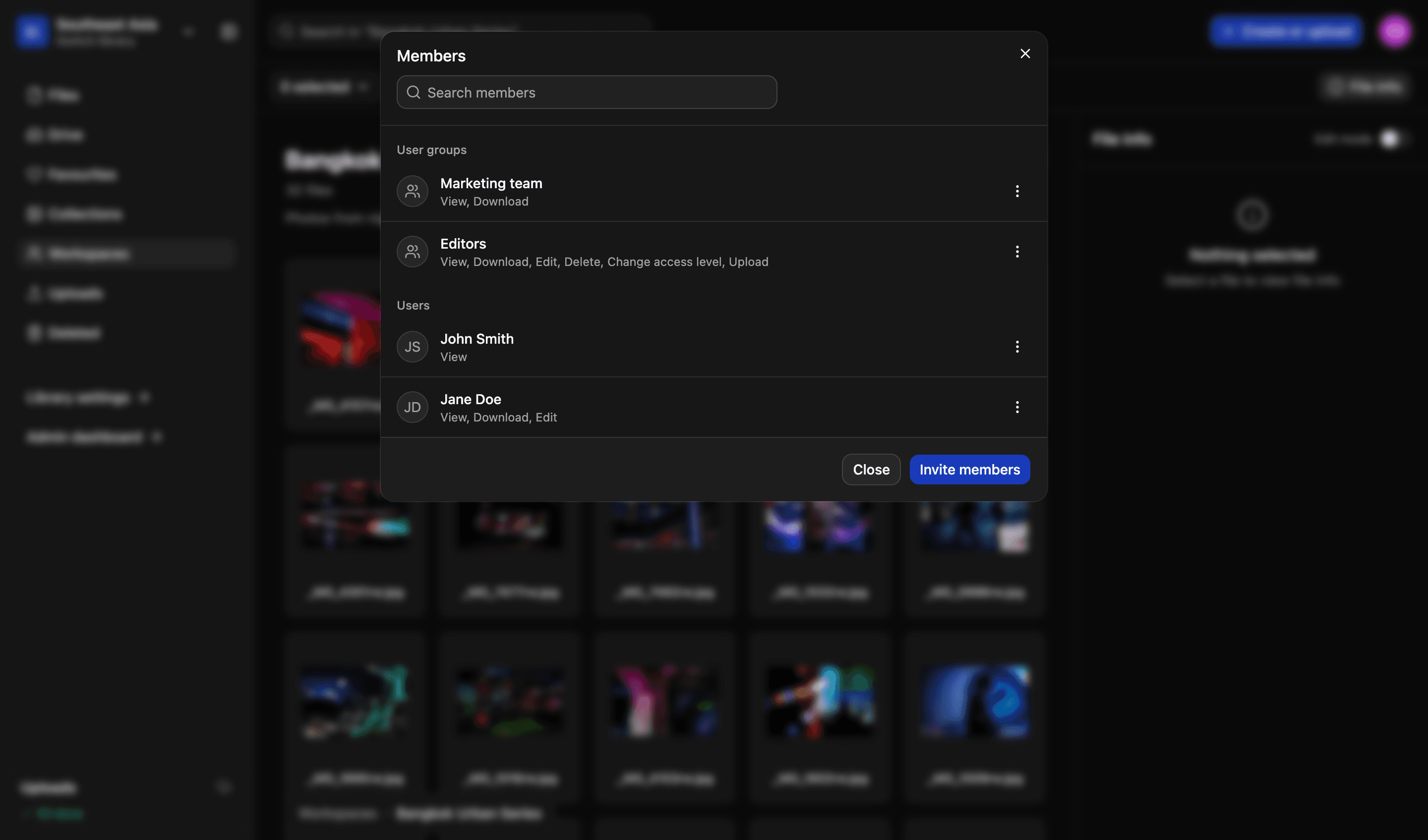 The members of a workspace in LightRocket: two user groups and two people, each listed with the permissions they hold — view, download, edit, delete, change access level and upload