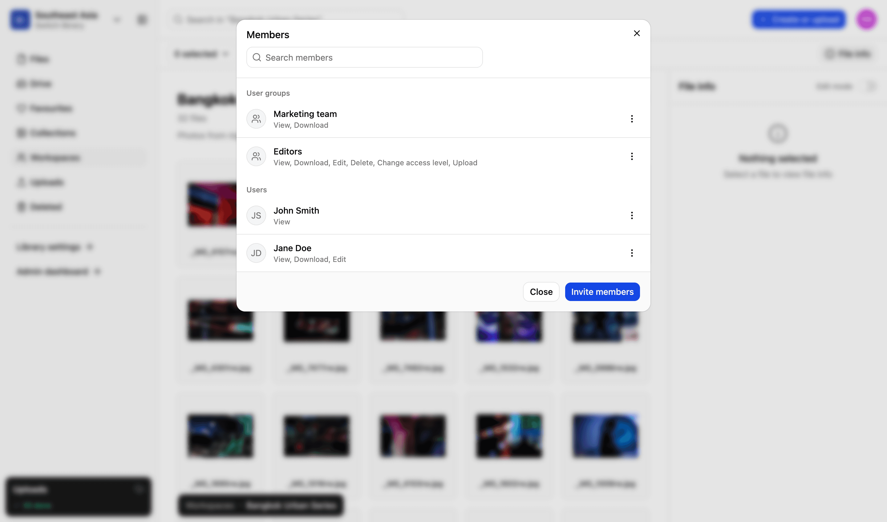 The members of a workspace in LightRocket: two user groups and two people, each listed with the permissions they hold — view, download, edit, delete, change access level and upload