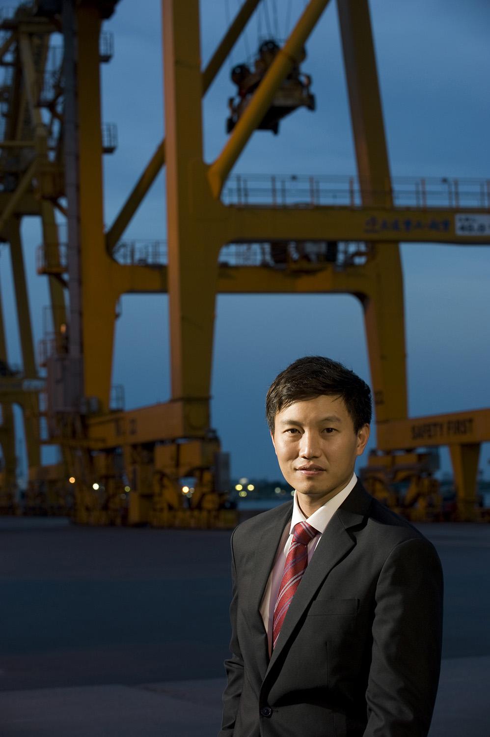 Portrait of Chalermchai Mahagitsiri, CEO of the PM Group Company Limited at the main cargo port in Khlong Toei Bangkok. The PM Group recently took over Thoresen Thai Agencies, one of Thailand’s biggest shipping companies.