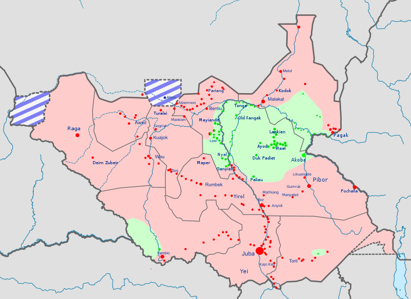 (Red) Under control of the Government of South Sudan (Green) Under control of the Sudan People’s Liberation Movement-in-Opposition (Blue) Under control of the Government of Sudan