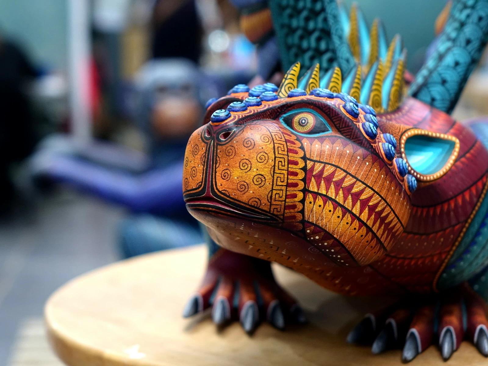 Alebrijes or wood crafted and painted with beautiful colours inspired by Zapotec cultural perspective and meaning in life can be seen in San Martin Tilcajete village in Oaxaca state. At Jacobo and Maria uses all natural colours. Photo and story credits by Korakot Punlopruksa