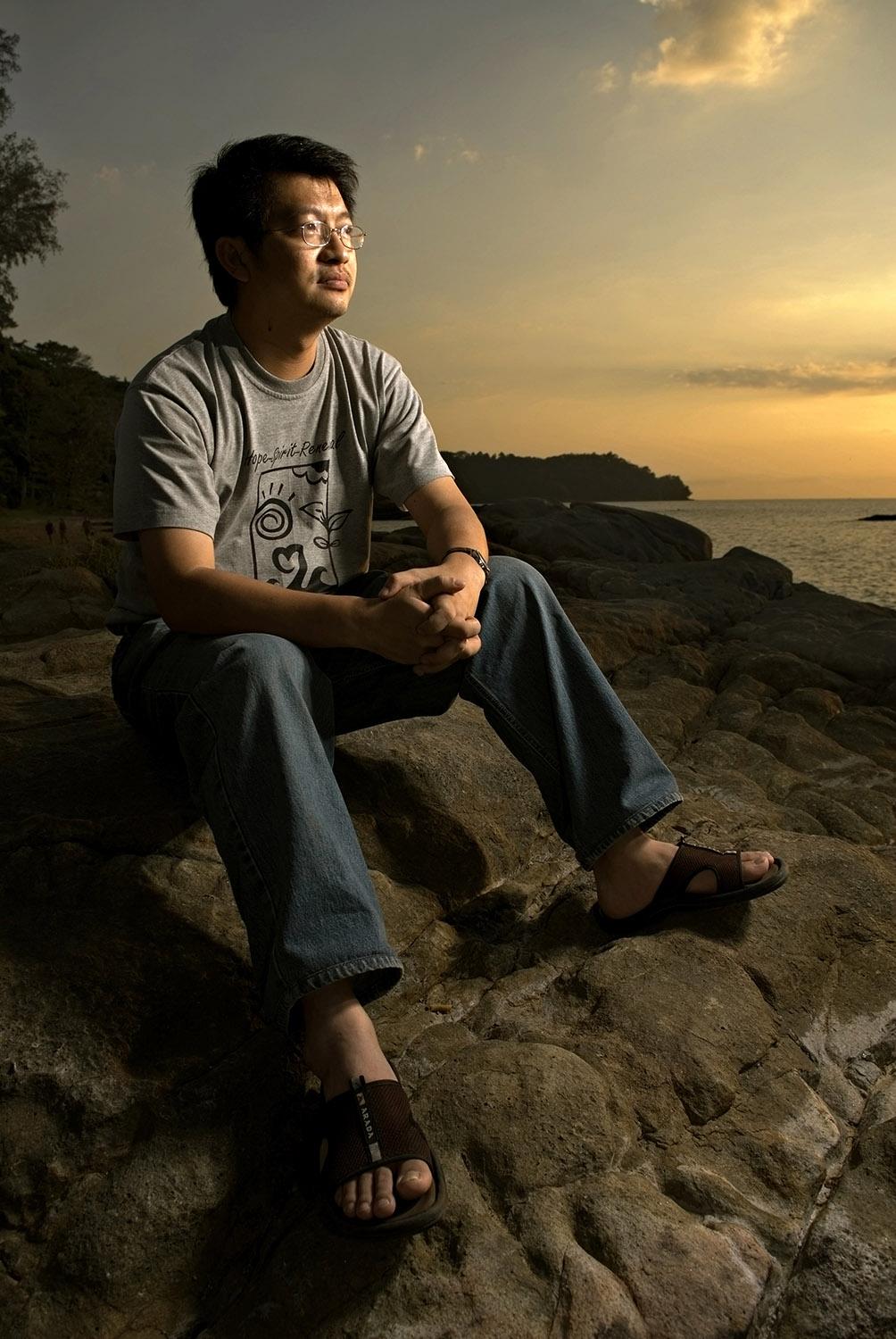 Sombat Boonngamanong, who founded the Mirror Art Group, which works with Thai hilltribe villagers and more recently the Tsunami Volunteer Center, is trying to improve disaster relief in Thailand. Here he is portrayed on the Khao Lak beach which was devastated by the Tsunami of December 2004.