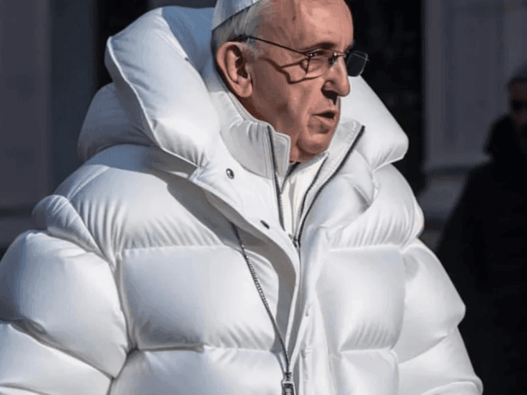 A fake, AI generated image of Pope Francis in a puffer jacket