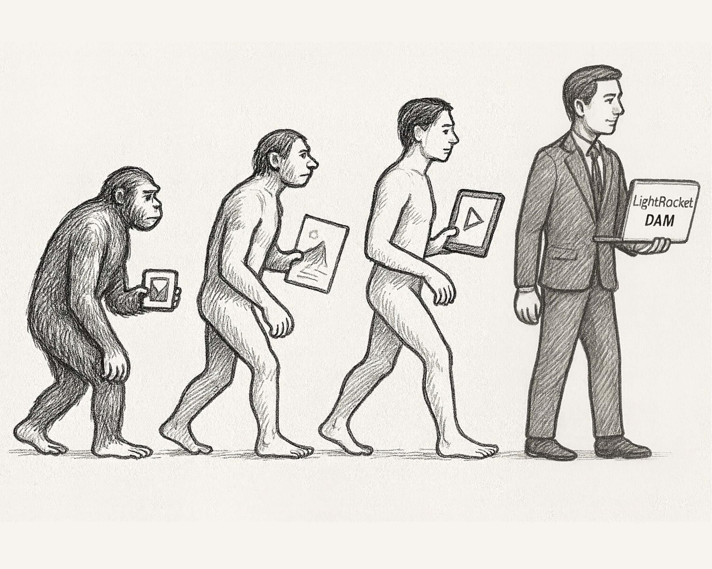 An AI generated image illustrating the evolution of Digital Asset Management through human evolution.